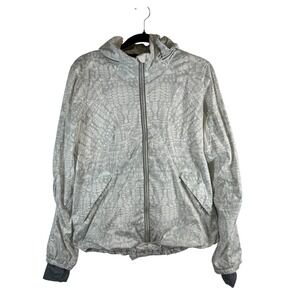 Lululemon Hooded Windbreaker Jacket White Grey Lace Print Full Zip Women Size 10